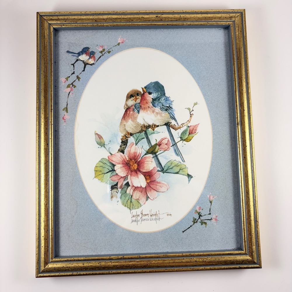 Vtg Signed Carolyn Shores Wright Bluebirds Watercolor Art Gold Frame Cottagecore